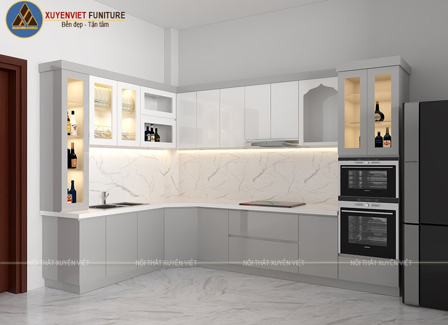 Tủ bếp đẹp phủ acrylic tông trắng - ghi nhà chú Thanh - Bình Tân