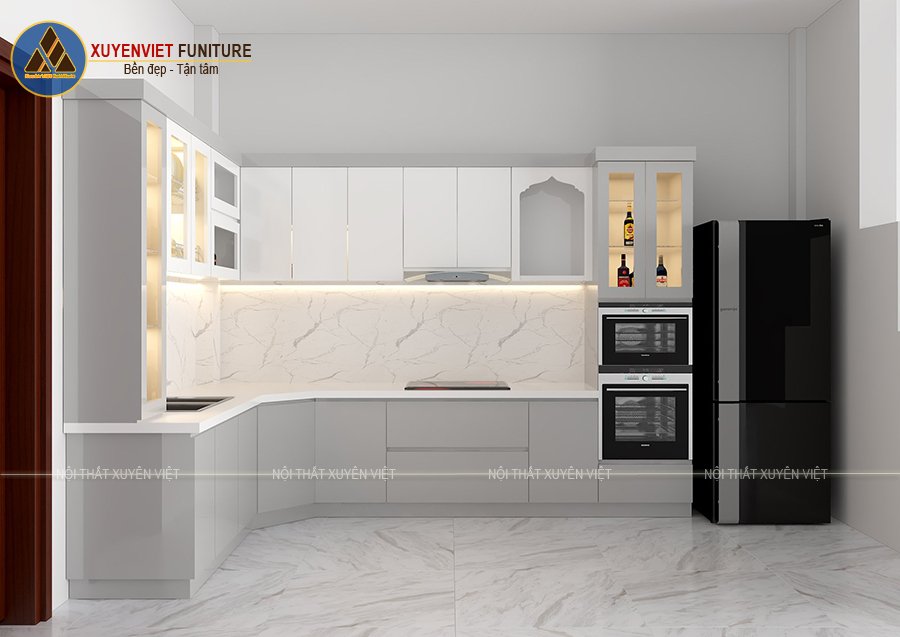 Tủ bếp đẹp phủ acrylic tông trắng - ghi nhà chú Thanh - Bình Tân