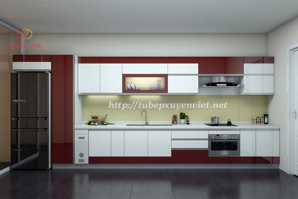 Mẫu tủ bếp hiện đại với màu đỏ đun-trắng dạng chữ i nhà anh Sáng