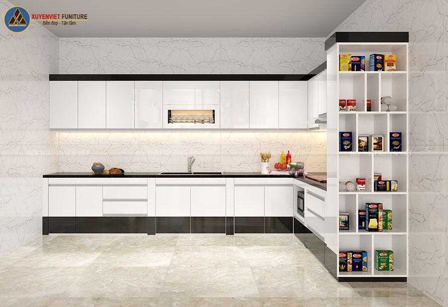 Tủ bếp đẹp chữ L tông đen trắng: Tủ bếp đẹp chữ L tông đen trắng là một sự kết hợp tinh tế giữa tính năng và thẩm mỹ. Với kiểu dáng chữ L đẹp mắt và màu sắc đơn giản tạo nên sự nổi bật và tinh tế cho không gian bếp.