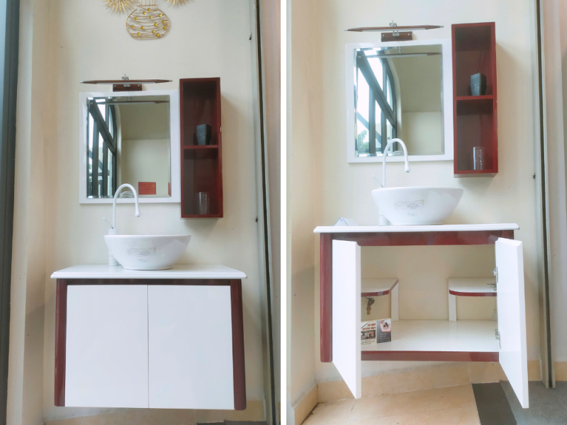 Bộ tủ chậu lavabo tông đỏ đun nổi bật LBK247S