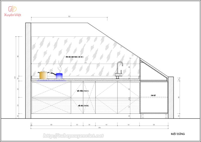 Bản vẽ thiết kế tủ bếp dưới gầm cầu thang nhà chị Yến
