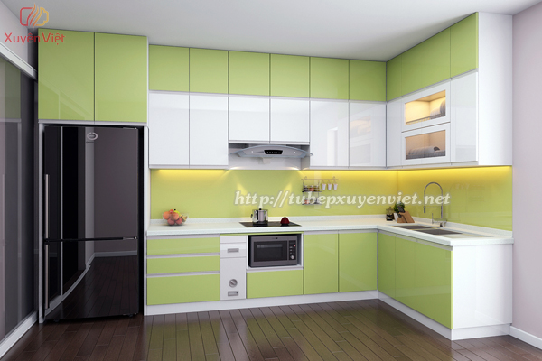 Không gian với tủ bếp màu xanh cốm