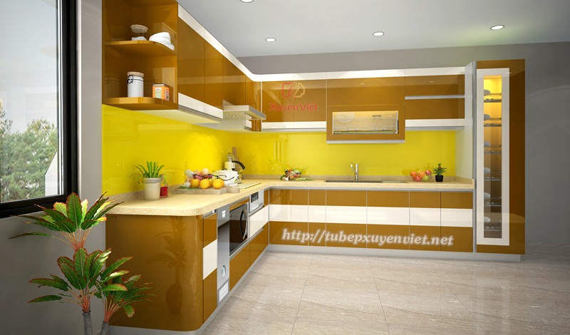 Tủ bếp nhựa đẹp màu vàng đậm hợp người mệnh Thổ