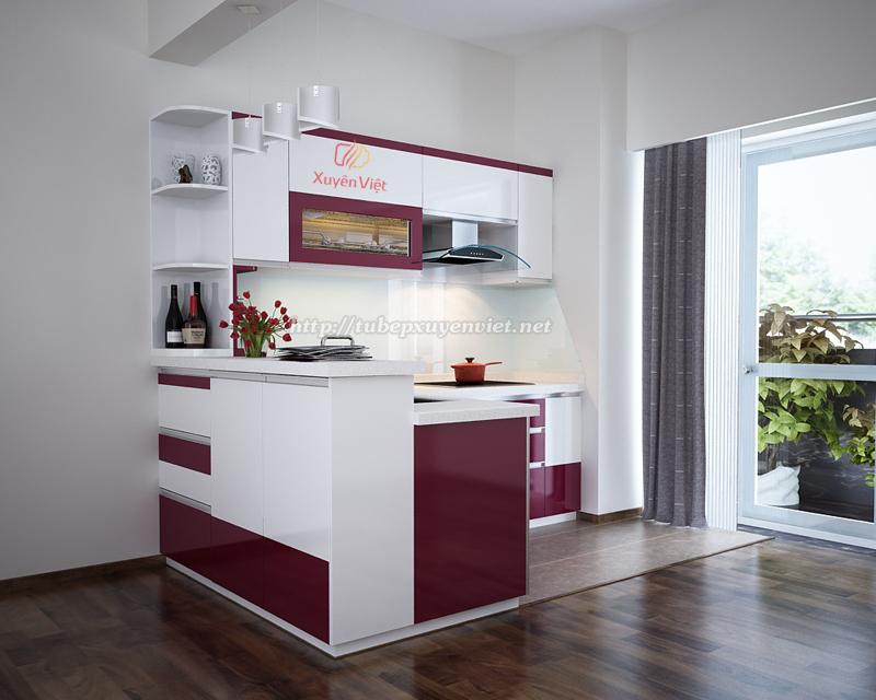 tủ bếp đẹp cho nhà nhỏ hẹp cá tính màu tím trắng nhà cô Hồng