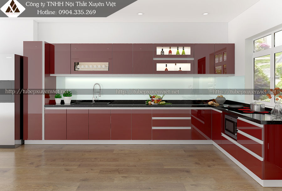 Tủ bếp acrylic tông đỏ nổi bật 3