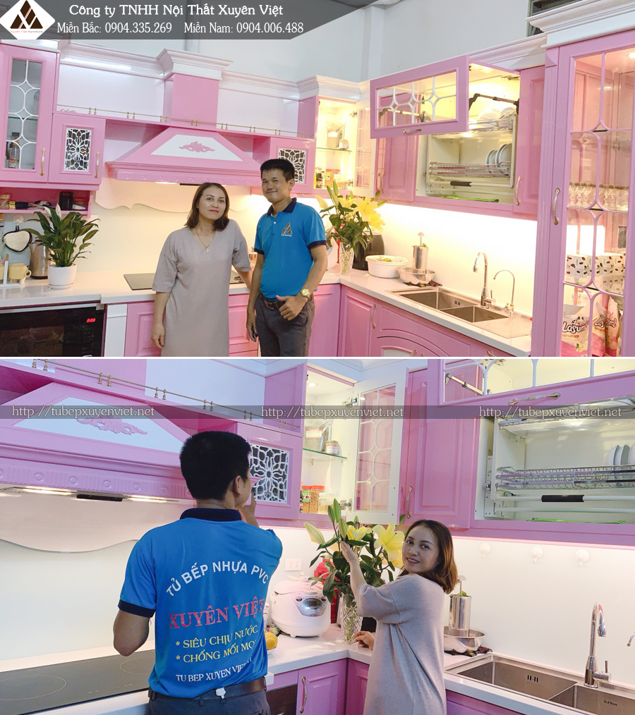 Tủ bếp màu hồng cổ điển nhựa PVC Xuyên Việt